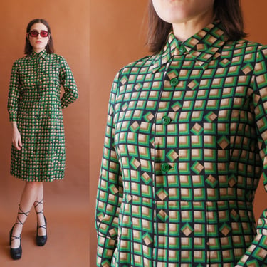 Vintage 70s Mod Geometric Print Dress/ 1970s Green Square Op Art Long Sleeve Dress/ Size Small 