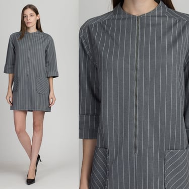 60s 70s Mod Grey Striped Shift Dress - Petite Large to XL | Vintage A Line Half Sleeve Pocket Mini Dress 