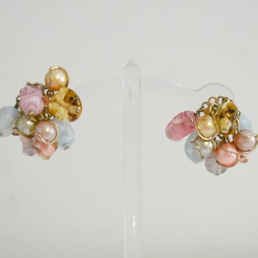 1960s Faux Colored Pearl and Glass Bead Clip Earrings 