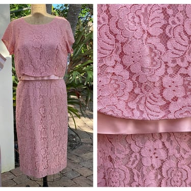 1960's Lace Dress / 42"-33"-44" / Vintage Pink Modern Dress with Satin Belt / Cocktail 60s Classic Confection / Party Dress 