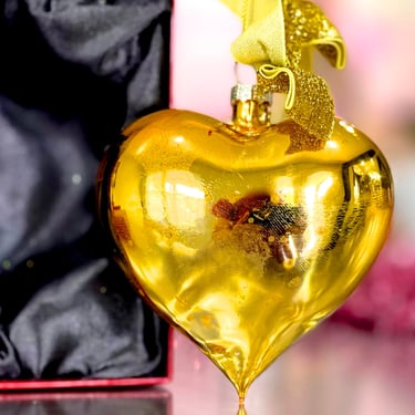 VINTAGE: Gold Glass Christmas Heart Ornament In Box - Mercury Ornament - Love - Holiday - Xmas 