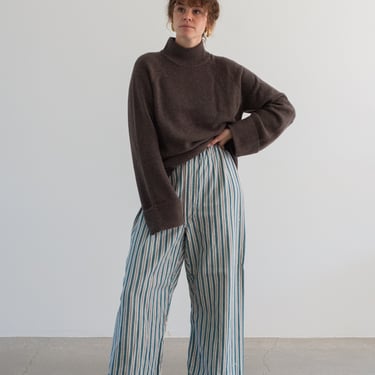 Vintage 26-40 Waist Stripe Flannel Drawstring Easy Pant | Teal Blue White High Waist Holiday Cotton Pajama Pants | FL053 