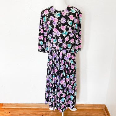 80s Black Pink Purple Turquoise Rose Button Up Back Rayon Midi Dress | Medium 