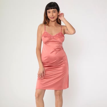 Vintage Pink Slip Dress 80s Sheer Lace Lingerie Mini Dress Nightie Full Empire Waist Spaghetti Strap Nightgown Retro 1980s Extra Small xs 