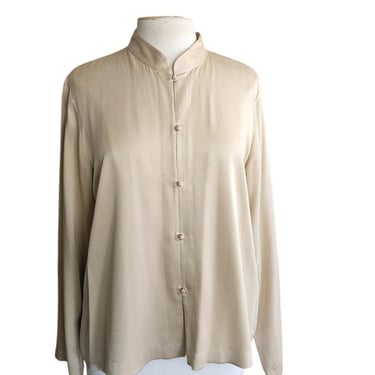 Vintage 90s Eileen Fisher Blouse Beige Silk Long Sleeves 