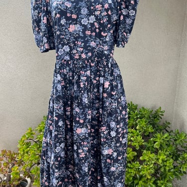 Vintage 80s boho midi blue pink floral dress size medium 10 by Laura Ashley of Great Britain 