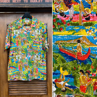 Vintage 1960’s Island Natives Hula Girl Tiki Cotton Hawaiian Shirt, 60’s Pop Art, 60’s Floral Pattern, Vintage Clothing 