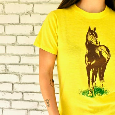 Horse Shirt // vintage 70s USA horses cotton boho tee t-shirt t top blouse thin hippy tee 80s 1970s yellow // S Small 