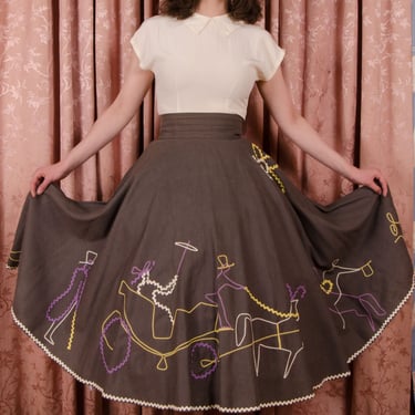 1950s Skirt - Authentic Juli Lynne Charlot Vintage 50s Heavy Cotton Grey Circle Skirt with Unique MCM Novelty Rick Rack Embellishment 