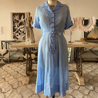 1940s shirtwaist dress, baby blue cotton, vintage 40s dress, sheer, rhinestone buttons, French cuffs, flared skirt, fit noir style, medium 