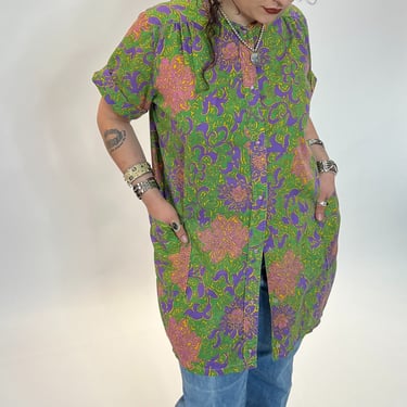 60s Green Abstract Floral Chore Mini Dress