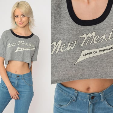 80s New Mexico Shirt Vintage Land Of Enchantment Crop Top Ringer Tee Grey Southwest Graphic Retro Tee Short Sleeve 1980s Medium Large 