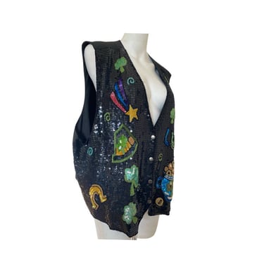 90s Vintage sequin vest, Kiss Me Im Irish vest, St Patricks day Art Deco vest, abstract beaded vest size XXL 