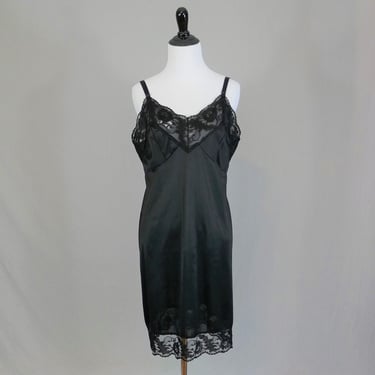 80s Black Slip - Lace Trim Full Nylon Dress Slip - Vintage 1980s - M 38 