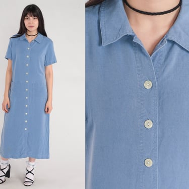 Blue Shirt Dress Y2k Tencell Midi Dress Button up Day Dress Retro Simple Casual Minimal Short Sleeve Pockets Vintage 00s Talbots Medium 8 
