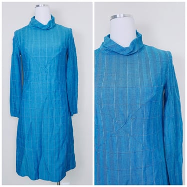 1960s Vintage Cotton Plaid Funnel Neck Dress / 60s / Sixties Long Sleeve Knit Shift Dress / Small - Medium 