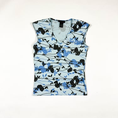 90s / Y2k The Limited Blue and Black Leaf / Tree Print Shirt / Cap Sleeves / Tank Top / Op Art / 00s / Medium / Vine / V Neck / Cyber / M 