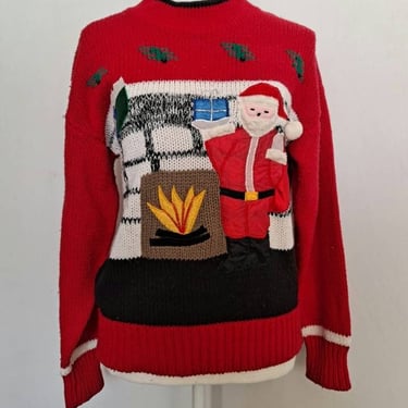 Vintage 1980's Fashion Force Ugly Christmas Sweater Santa with Pompom Fireplace 