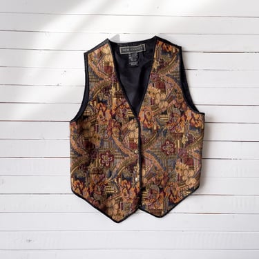 tapestry vest 90s vintage brown mustard yellow floral woven waistcoat 