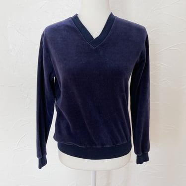 70s Velour Navy Blue Pullover Sweatshirt Top | Small 
