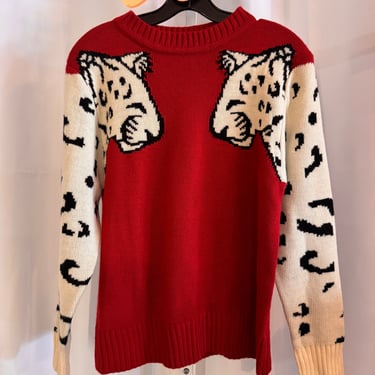 2010s Red &amp; White Leopard Sweater