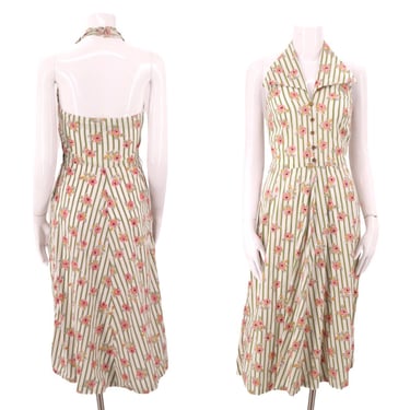 50s ADRIAN TABIN striped cotton summer day dress 25" / vintage 1950s floral print halter dress picnic party S XS 