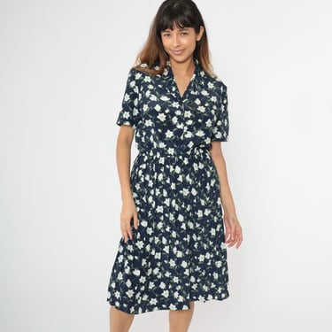 90s Navy Floral Dress Button Up Midi Dress Vintage Blue Shirtdress Pleated Silky Short Sleeve Day Dress Retro Summer 1990s Medium Petite 