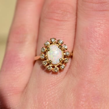 White Opal Diamond Cocktail Ring In 14K Yellow Gold, October Birthstone, Estate Jewelry, Size 7 US 