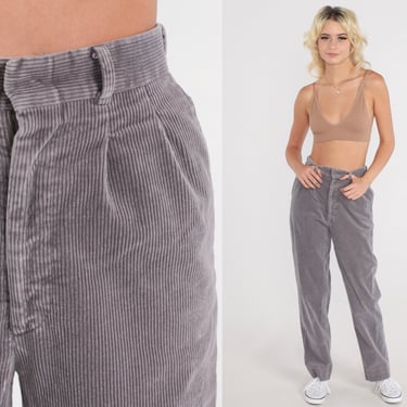 Pleated Corduroy Pants 80s Grey High Waisted Trousers Straight Leg Pants High Waist 1980s Tapered Relaxed Vintage Palmettos Extra Small xs 