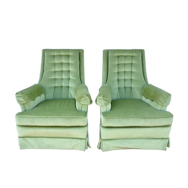Set of 2 Vintage Green Velvet Tufted Lounge Chairs by Highland House of Hickory 70s MidCentury Hollywood Regency High Back Accent Armchairs 