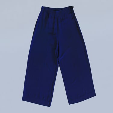 1940s Pants / 40s Blue Cold Rayon Lounge Pants / Side Button 