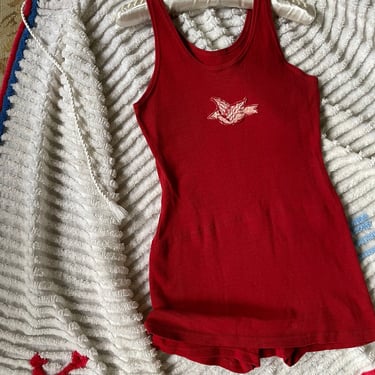 Vintage 1920s Red One Piece Swimsuit Bathing Suit with Dove Bird - Medium 