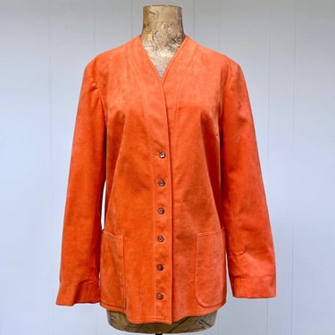 Vintage 1970s Orange Ultra Suede Vera Maxwell Shacket, American Designer Casual Shirt Jacket, Medium 40