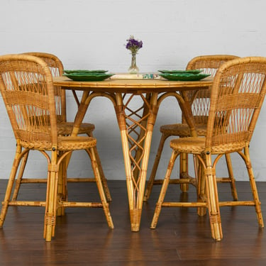 Mid Century Modern French Rattan and Bamboo Outdoor Dining Set - Set of 5 
