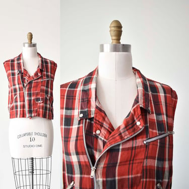 Red Plaid Cotton Cropped Vest / Vintage Red Plaid Vest / Punk Vest with Zippers / Real Ultra Pink Vest / 1950s Style Vest Medium 
