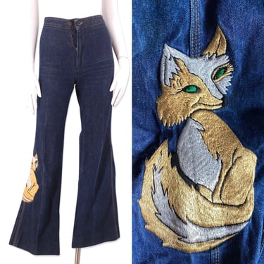 70s VIK VIZETTE embroidered bell bottom jeans sz 24 / vintage 1970s sly fox dark denim flares bells pants XS 
