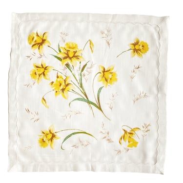 Vintage handkerchief w/ yellow daffodil bouquet floral design. Collectible retro fashion accessory, 14.5"  eco-friendly linen gift wrap 