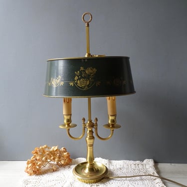 Vintage French Bouillotte Brass Lamp with green tole shade and golden flowers decor/ Desk Lamp,/Library Lamp./2 Lights. 