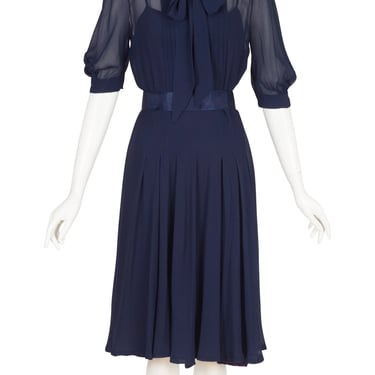 1970s Vintage Navy Silk Chiffon Collared Shirt Dress Sz M L 