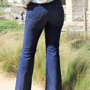 Vintage 1970s Lee Bellbottom Jeans, Medium Women, Faded Indigo Denim 