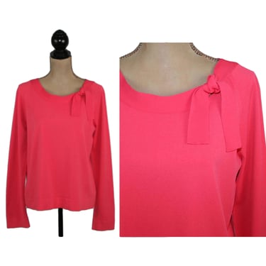 XL - 90s Y2K Bright Pink Long Sleeve Top Knit Blouse, Minimalist Plus Size Clothes Women Vintage Jones New York - Made in Hong Kong 