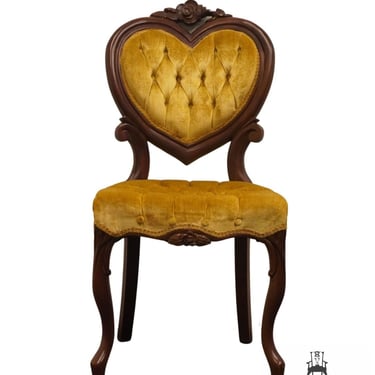 KIMBALL FURNITURE Traditional Victorian Style Heart-Back Accent Parlor Chair w. Tufted Harvest Gold Velvet Upholstery 