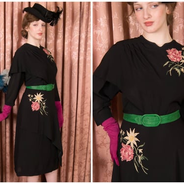 1940s Dress - Sophisticated Vintage 40s Embroidered Black Rayon Cocktail Dress with Draped Layers 