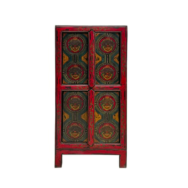 Chinese Tibetan Brick Red Color Foo Dog Head Graphic Storage Cabinet cs7597E 