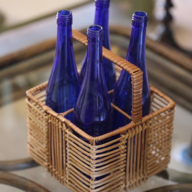 Vintage wicker rattan wine caddy | holds 4 bottles 