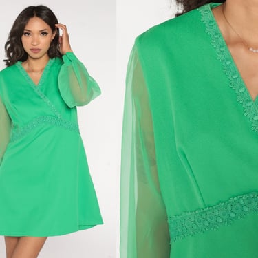 Green Babydoll Dress 60s Mini Dress Retro Long Sheer Chiffon Sleeve Party Empire Waist V Neck Lace Sixties Minidress Vintage 1960s Large L 