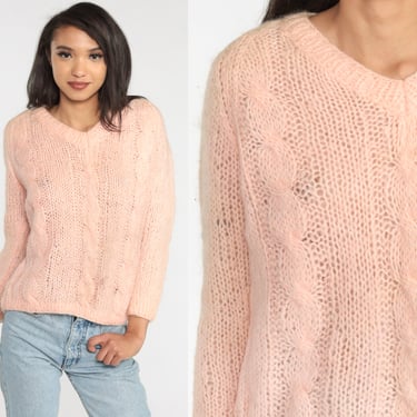 70s Pink Sweater Sheer Cable Knit Sweater Mohair Wool Blend Pullover Retro Boho Pastel Girly Knitwear Bohemian V Neck Vintage 1970s Medium 