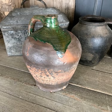 French Pottery Jug, Green Glazed Pitcher, Vinegar, Olive Oil, Terra Cotta, Rustic French Farmhouse, Farm Table 