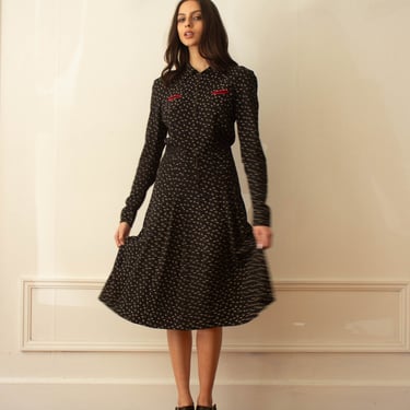 1940s Black Crepe Calico Floral Zip Dress 