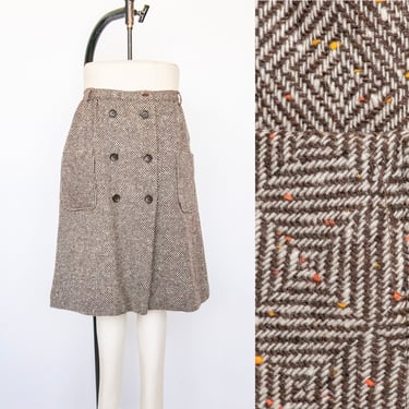 1970s Wool Skirt A-Line Herringbone Fleck M 